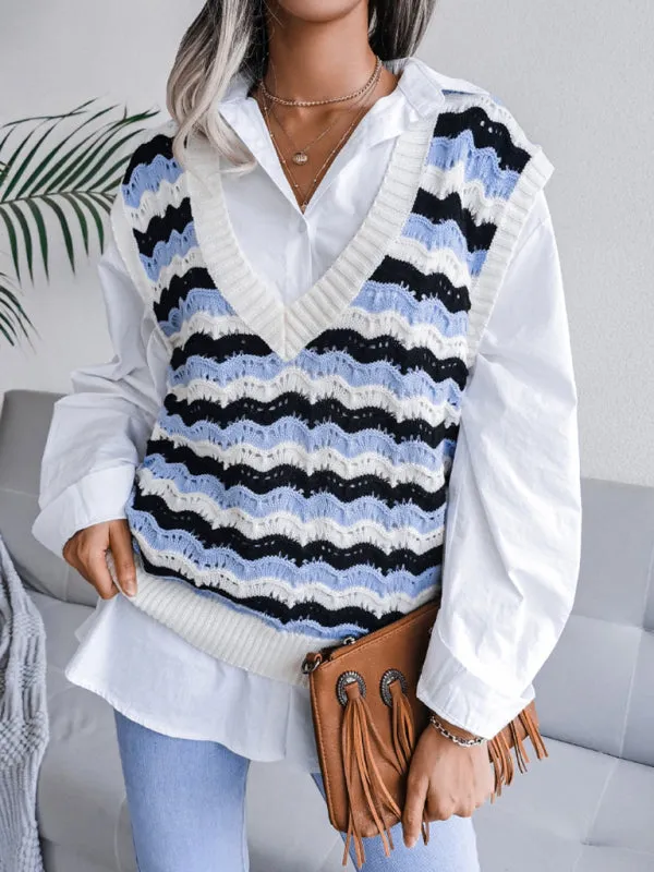 Toleet-Winter outfits Women's V-neck hollow stripe vest sweater