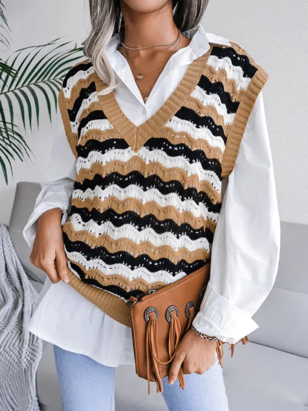 Toleet-Winter outfits Women's V-neck hollow stripe vest sweater