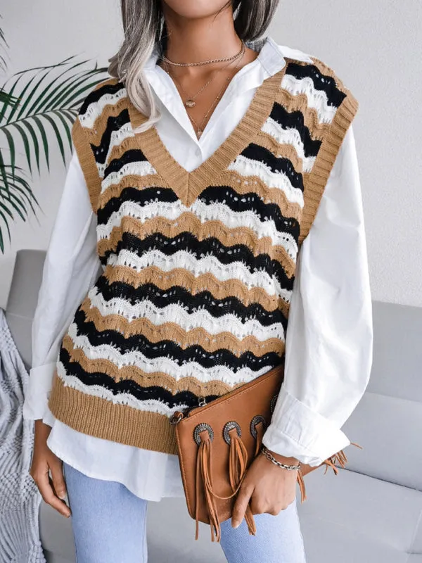 Toleet-Winter outfits Women's V-neck hollow stripe vest sweater