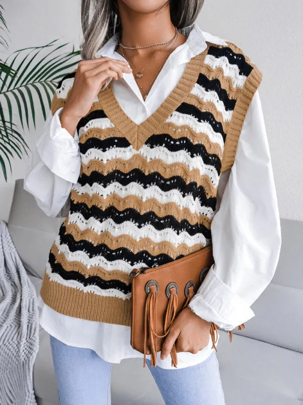 Toleet-Winter outfits Women's V-neck hollow stripe vest sweater