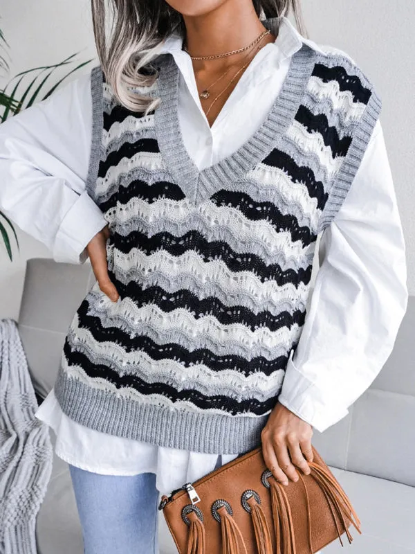 Toleet-Winter outfits Women's V-neck hollow stripe vest sweater