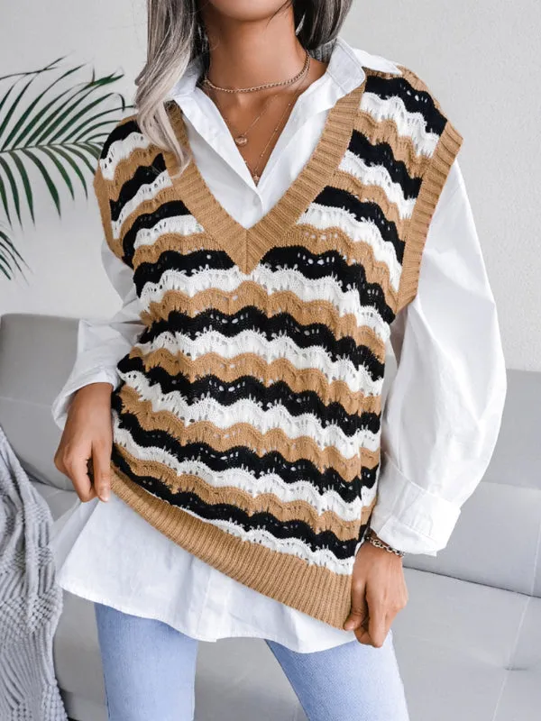 Toleet-Winter outfits Women's V-neck hollow stripe vest sweater