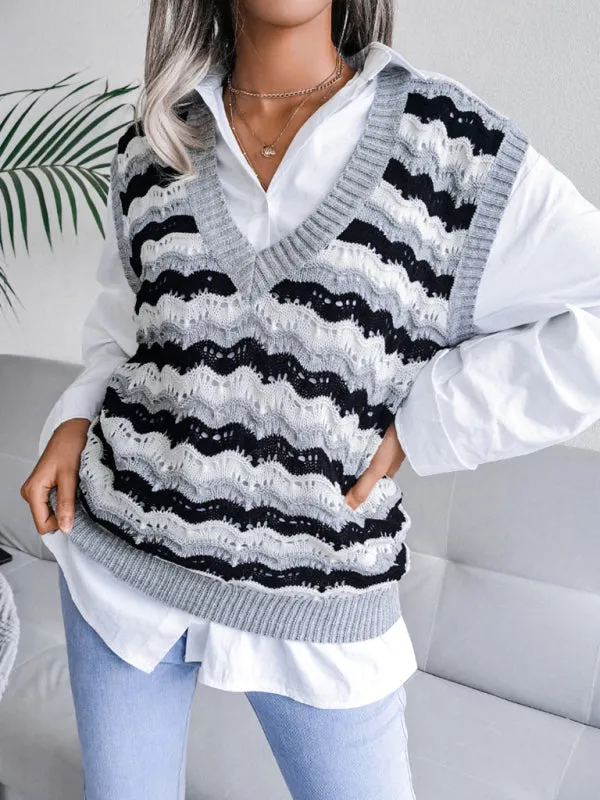 Toleet-Winter outfits Women's V-neck hollow stripe vest sweater