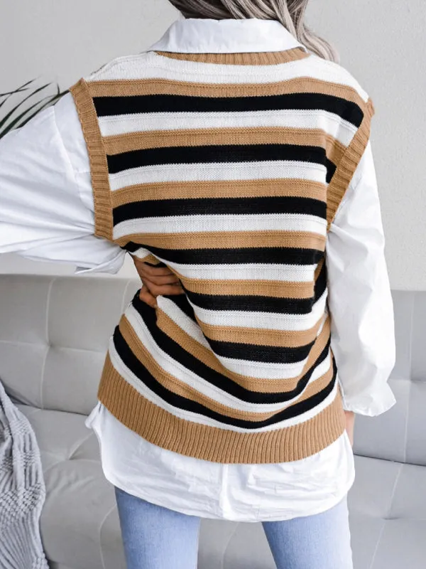 Toleet-Winter outfits Women's V-neck hollow stripe vest sweater