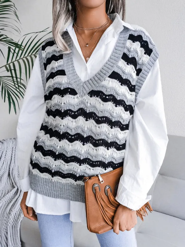 Toleet-Winter outfits Women's V-neck hollow stripe vest sweater