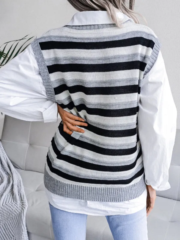 Toleet-Winter outfits Women's V-neck hollow stripe vest sweater