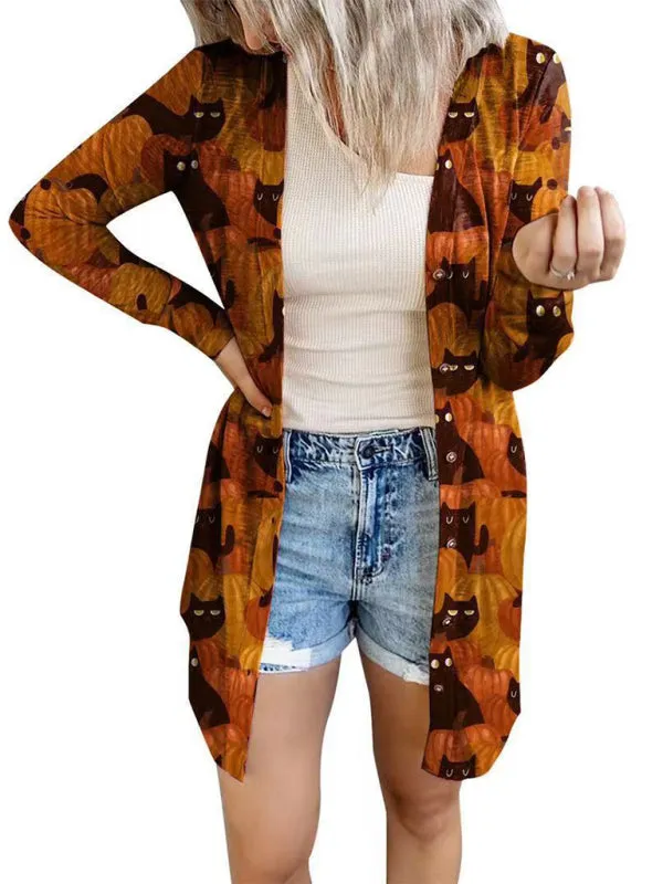 Wenkouban-Winter outfits ideas Women's Halloween-themed printed jacket cardigan