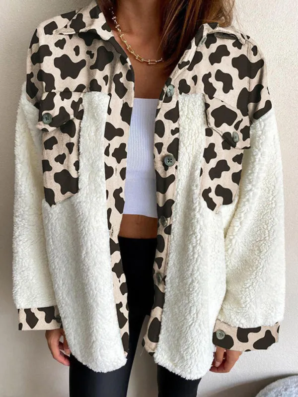 Wenkouban-Winter outfits ideas Women's Leopard Plaid Print Plush Stitching Contrast Color Warm Long Sleeve Jacket