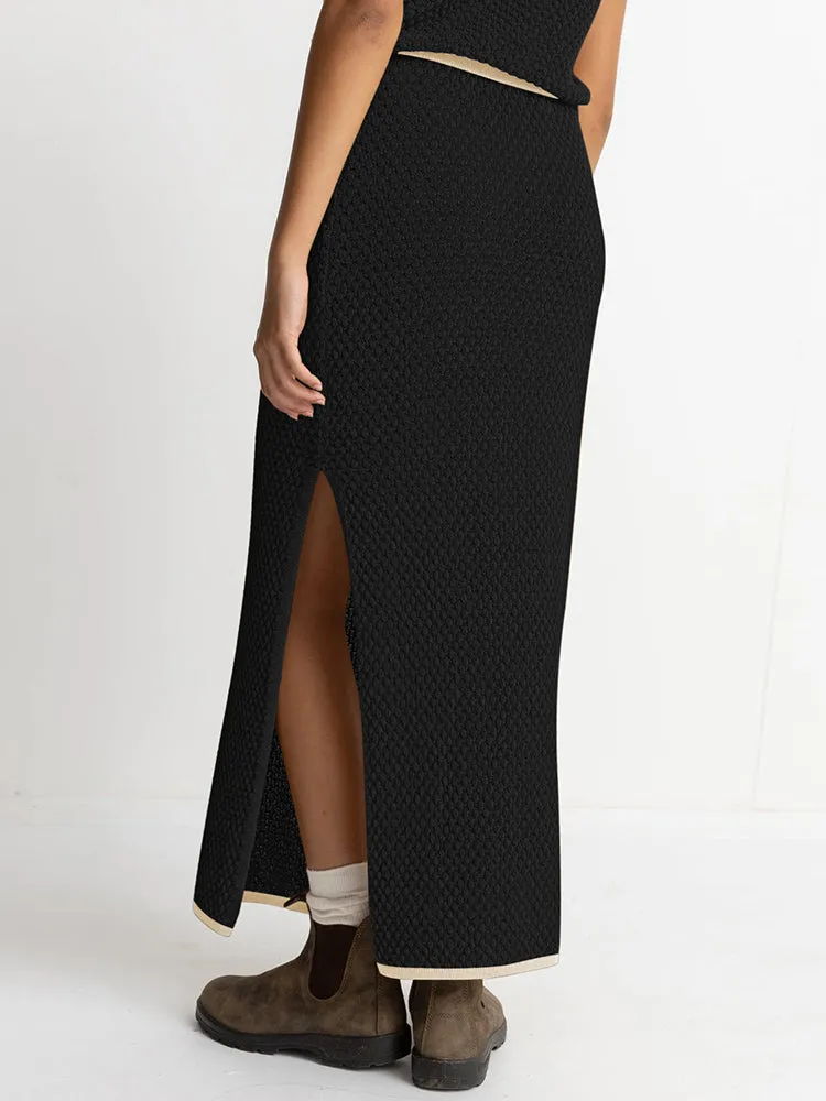 Women's 2 Piece Waffle Knit Outfit Set V Neck Button Crop Tank Top Vest Bodycon Maxi Long Skirt Dress