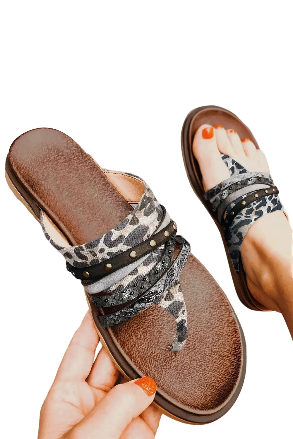 Women's Casual Slide Flat Studded Animal Print Flip Flop Sandals